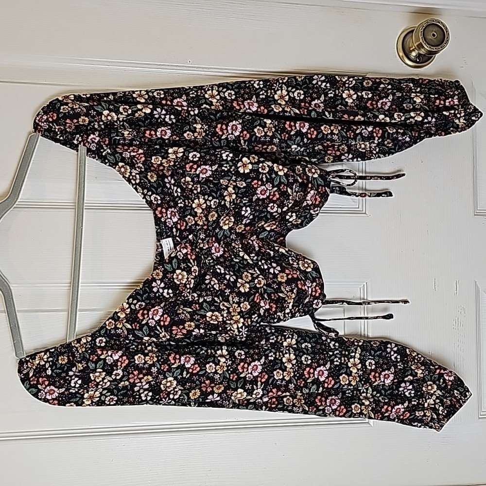 Elodie Floral Black Yellow Pink Elasticized Off Shoulder Rucshed Side Tie Top S - Picture 9 of 13